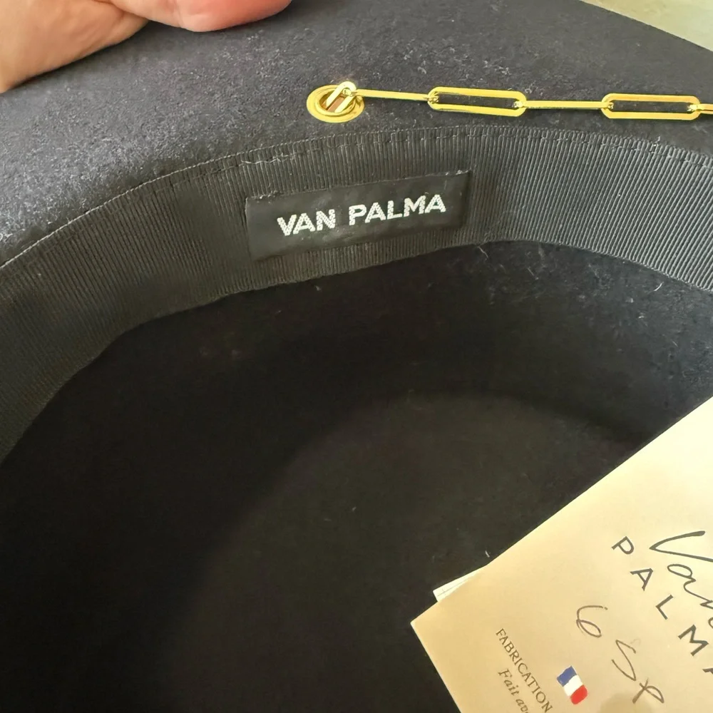 NWT Van Palma Black Wide-Brim Wool Fedora with Gold Chain Accent From France